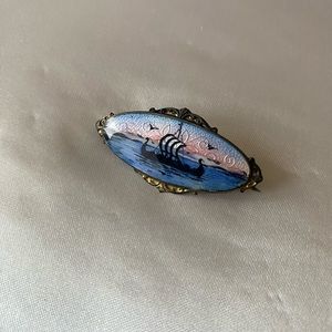 Vintage Signed 925 Norwegian Sterling Silver Enamel Water Landscape Brooch